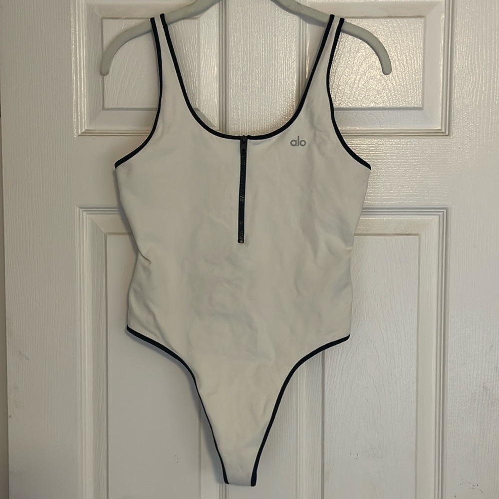 ALO Yoga White Bodysuit with Black Trim